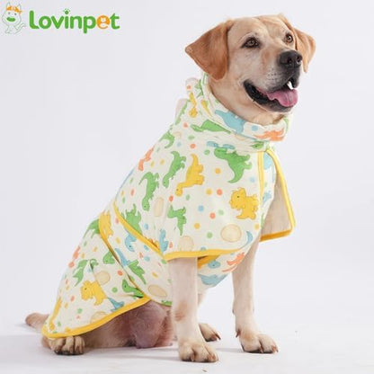 LovinPet 3-in-1 Dog Warm Winter Coat & Bathrobe, Yellow Dinosaur Fleece, M
