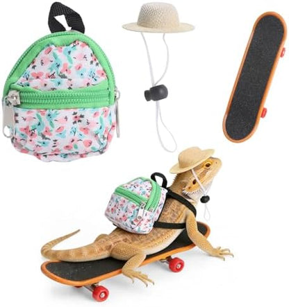 Bearded Dragon Clothes Lizard Toy - Mini hat,Skateboard,Backpack Gifts for Reptiles Pet - Cute Bearded Dragon Costume Accessories for Lizard Iguana Reptiles Small Animals (Green Floral Prints)
