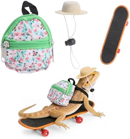 Bearded Dragon Clothes Lizard Toy - Mini hat,Skateboard,Backpack Gifts for Reptiles Pet - Cute Bearded Dragon Costume Accessories for Lizard Iguana Reptiles Small Animals (Green Floral Prints)
