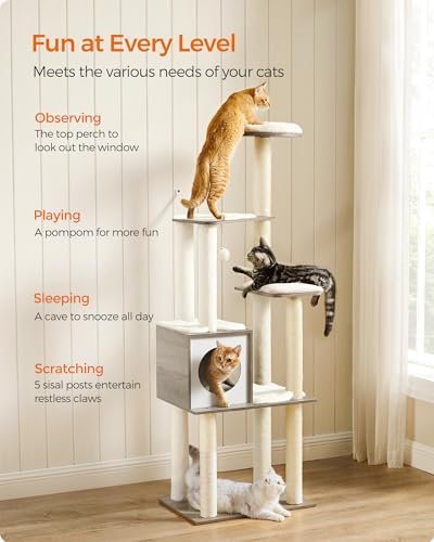 Feandrea Cat Tree, 64.6-Inch Multi-Level Tower with 5 Scratching Posts