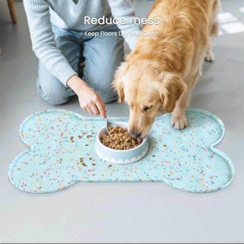 PWTAA Dog Food Mat Anti-Slip Silicone Dog Bowl Mat Thicker Pet Placemat Waterproof Cat Feeder Pad with Raised Edge Puppy Kitten Feeding Mats Suitable Small Medium-Sized Dogs Cats Eating Tray