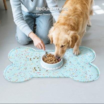 PWTAA Dog Food Mat Anti-Slip Silicone Dog Bowl Mat Thicker Pet Placemat Waterproof Cat Feeder Pad with Raised Edge Puppy Kitten Feeding Mats Suitable Small Medium-Sized Dogs Cats Eating Tray