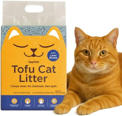 Natural Tofu Cat Litter, Fast Clumping and Scoops Easy, Dust-Free, Low Tracking, Quick Drying & Odor Control, Eco-Friendly Plant-Based Cat Litter 5.5lb/88oz – Linen Breeze (1 Pack)