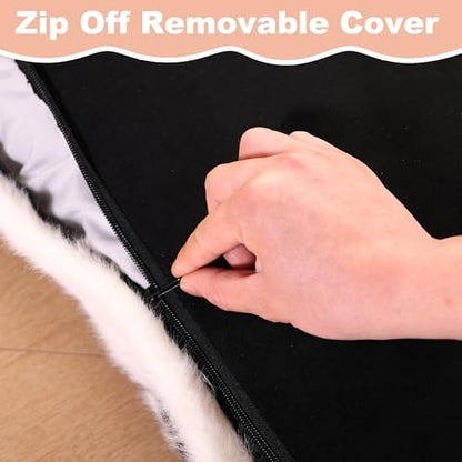 Bedfolks Waterproof Crate Bed, Plush With Removable Washable Cover, Faux Fur Pad for Large Dogs, Fluffy Kennel 35"x23", Black-White Cowhide