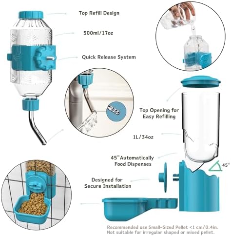 Automatic Pet Food Water Dispenser, Auto Gravity Pet Feeder Water Bottle Set for Cage, Feeding Station for Puppy Kitten Rabbit Guinea Pigs Chinchilla Ferret Hedgehog (Blue)