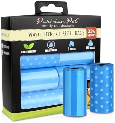 Parisian Pet Ecofriendly Dog Poop Bags Rolls - 160 Count Unscented Poop Bags For Dogs - Leakproof, Extra Thick, 8 Dog Waste Bags Refill Rolls - Stripes Dots Blue Doggie Poop Bags