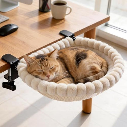 Cat Desk Bed - Beige Double Clamp Foldable Perch Holds 40 lbs