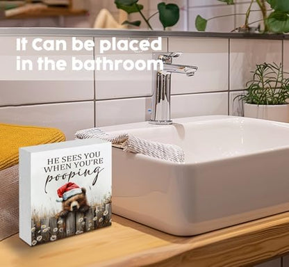 Christmas Bear Home Bathroom Decor Sign - Farmhouse Western Christmas Animal Bathroom Decor,Rustic Farm Animal He Sees You When You're Pooping Signs,Bear Gifts for Women