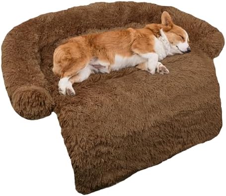 GGIB Calming Dog Bed Fluffy Plush Dog Mat for Furniture Protector with Removable Washable Cover for Large Medium Small Dogs and Cats (Medium, Brown)
