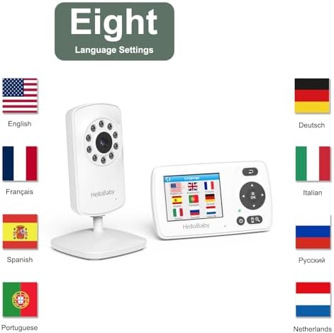 HelloBaby HB30 Video Baby Monitor with Digital Camera and Audio, No WiFi No App Safety Baby Monitor, 8 Languages, Auto Night Vision, 1000ft Transmission Range, 2.4 inch Portable Screen
