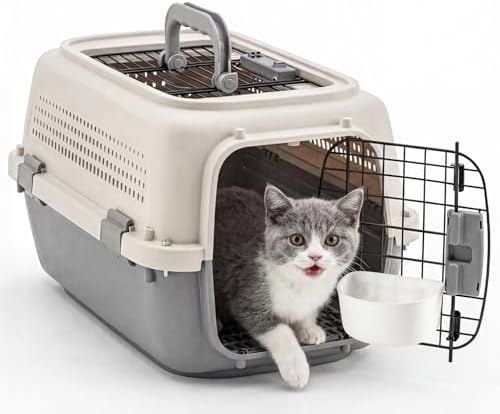 NEWBULIG 23" Hard-Sided Dog Carrier for Small Dogs & Cats - Beige & Grey