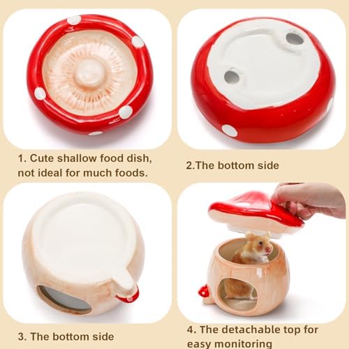 Hacaroa 3 Pack Ceramic Hamster Hideout, Mushroom Shape Guinea Pig Food Bowl Cute Water Bottle with Stand, Cool Hamster Bed House Small Animal Cage Accessories for Dwarf Hamsters, Mice, Gerbils