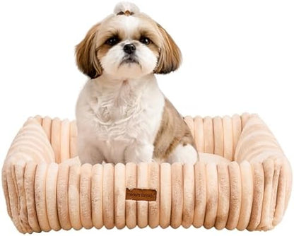 Modern Threads Ribbed Plush Two-Tone Cuddler Dog Bed, Ultra-Soft Faux Rabbit Fur, Supportive Bolstered Sides, Removable Washable Cover, Bed for Small to Medium Dogs, Cream, (24" L x 20" W x 8" Th)