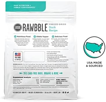 BIXBI Liberty Freeze-Dried Dog Food Topper & Treats, Duck – 95% Meat & Organs, No Refrigeration – USA Made, 4.5 oz