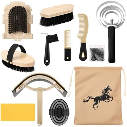 Abbylike 12 Pieces Horse Grooming Kit Equine Care Brushes, Black
