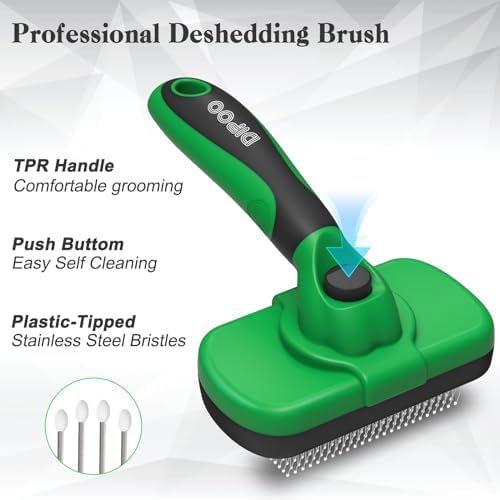Dipoo Self Cleaning Deshedding Brush for Dogs & Cats - Skin Friendly Grooming Tool with Hair Removal for Haired Pets, Green