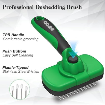 Dipoo Self Cleaning Deshedding Brush for Dogs & Cats - Skin Friendly Grooming Tool with Hair Removal for Haired Pets, Green