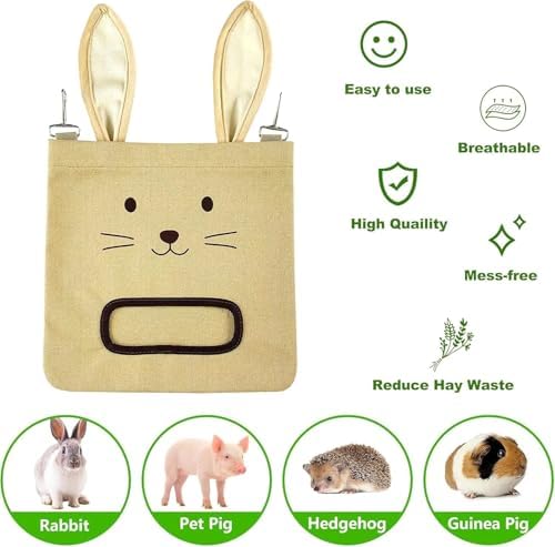Rabbit Hay Feeder Bag - Hanging Rabbit Hay Feeder for Rabbits, Guinea Pigs and Chinchillas, Moss and Alfalfa Hay（Gray）