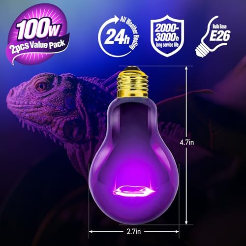 Leoterra Reptile Night Heat Lamp 2-Pack 100W - Purple Moonlight Simulation Bulb 40+Gallons Tank Use for Chameleons, Snakes, Green Iguanas Lizard Use 120V E26 Base 2000+ Hours Long Life