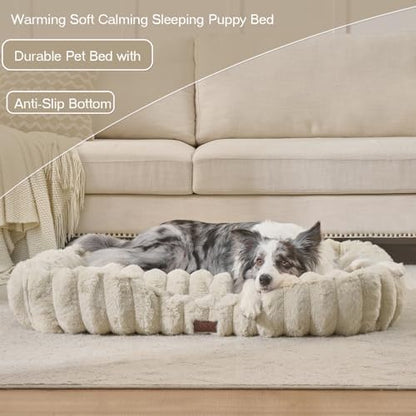 Luxury Dog Beds,Large Sized Dog Washable Furry Pet Beds,Comfort Rectangle Pet Sofa Couch with Ultra,Puppy Beds with Removable Zipper Cover,30x25x7.5inches,Cream