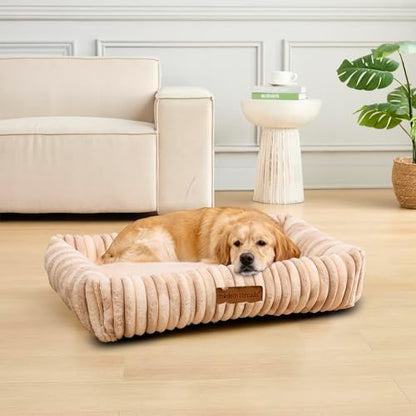 Modern Threads Ribbed Plush Two-Tone Cuddler Dog Bed, Ultra-Soft Faux Rabbit Fur, Supportive Bolstered Sides, Removable Washable Cover, Bed for Medium to Large Dogs, Cream, (34" L x 25" W x 9" Th)