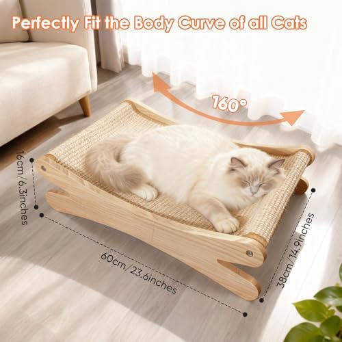 Natural Sisal Cat Scratcher Bed with Hammock – Solid Wood Furniture Style, Extra Large Cat Lounger & Scratch Pad for Indoor Cats, Protects Furniture