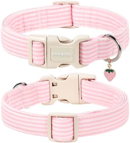 DOGWONG Pink Strawberry Striped Dog Collar for Small Medium Large Dogs M