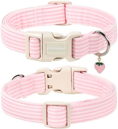 DOGWONG Pink Strawberry Striped Dog Collar for Small Medium Large Dogs M