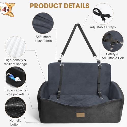 Dog Car Seat for Large Medium Sized Dogs Under 55 lbs, Dog Booster Seat for 2 Small Dogs with Detachable Washable Cover and Cushion, Memory Foam Pet Car Seat with 2 Safety Belts and Storage Pockets