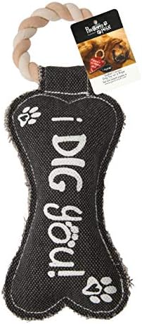 Pavilion Gift Company 45609 Pavilion's Pets-Gray Bone Canvas and Rope Dog Squeaky Toy-I Dig YouDog Toy, Large Breed