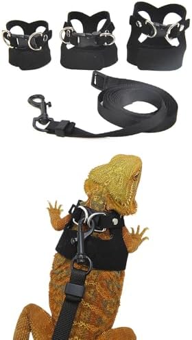 3 Pack Bearded Dragon Harness and Leash Set - Adjustable Soft Leather Vest with 6.89FT Retractable Lead, Escape-Proof Lizard Walking Harness for Reptiles, Squirrels & Small Pets (Black)