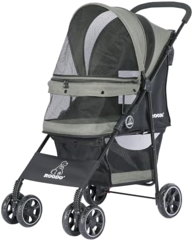 ROODO 4 Wheel Dog Cat Pet Stroller Best Lightweight Foldable Compact Portable Jogger All Terrain Travel Pet Gear Puppy Doggie Bunny Kitty Stroller for up to 30lbs Medium Small Dogs Cats(sage Green)