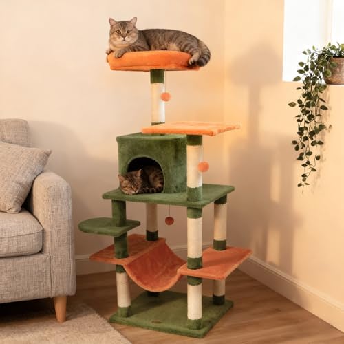 DORTALA Cat Tree for Indoor Cats, 58" Tall Cat Tower with Top Perch, Condo, Hammock, Sisal Scratching Posts, 3 Dangling Balls, Platforms, Multi-level Pet Climbing Furniture Playground (Green & Orange)