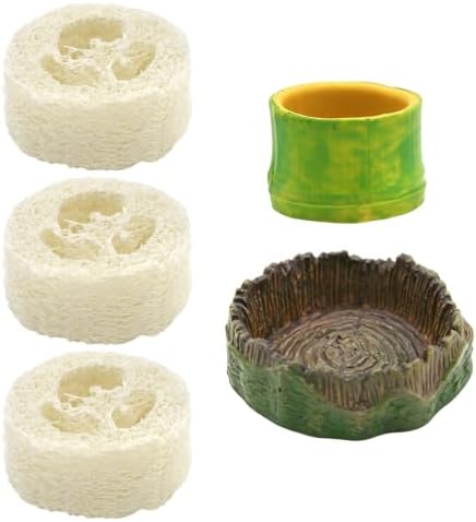 5pcs Dubia Roach Live Tree Stump Feeding Bowls & Green Bamboo Water Bowls Container with Loofah Net Set, Habitat for Dubia Roaches Live, Crickets & Springtails, Habitat Supplies