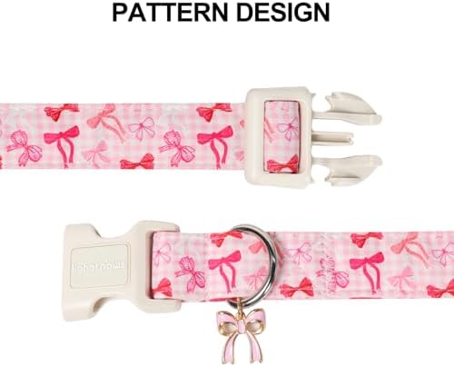 Lionet Paws Dog Collar Bow Spring Summer Pink Plaid Dog Collars with Sailor Bow Pattern Pendant - Female Girl Dogs Collar for Medium Large Dogs L