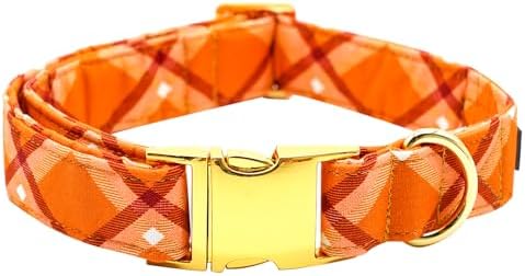 Dog Collars, Fall Dog Collar Orange Plaid Print Pet Collar Durable Metal Collar Cute Girl Boy Dog Collars Adjustable Dog Collar for Large Dogs