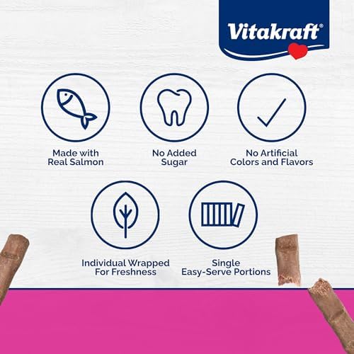 Vitakraft PurrSticks for Cats - Nutritious & Healthy Soft Cat Treats - Gently Oven Roasted Meat Sticks for Cats w/ 70% Meat - Easy-to-Serve Cat Chew Sticks (Salmon, 60 Pack)