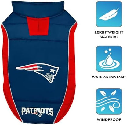 NFL New England Patriots Puffer Vest for Dogs & Cats, Size Medium. Warm, Cozy, and Waterproof Dog Coat, for Small and Large Dogs/Cats. Best NFL Licensed PET Warming Sports Jacket