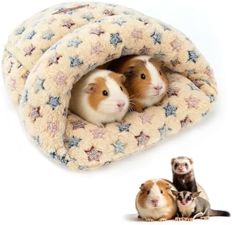 YUEPET Guinea Pig Bed, Warm Fleece Slipper Cuddle Cave, Brown Star