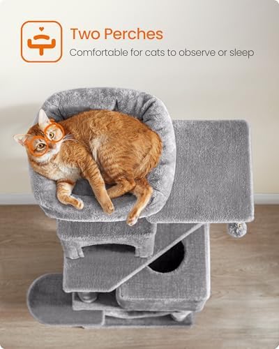 Feandrea Cat Tree, 59.5-Inch Tall Cat Tower, Multi-Level Condo, Light Gray