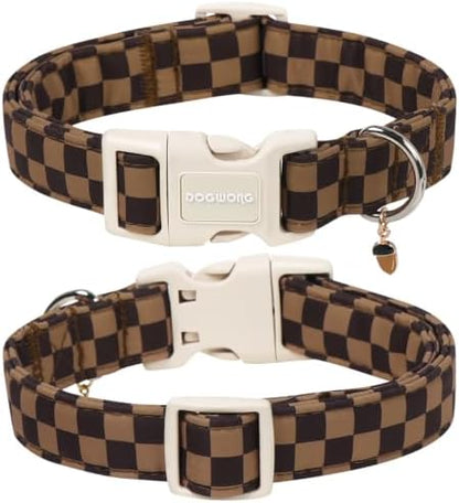 DOGWONG Brown Checked Dog Collar, Autumn Plaid Dog Collar,Western Grid Dogs Collars for Large Dogs, Neck 16.5-26 inches