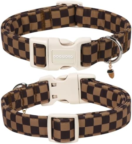 DOGWONG Brown Checked Dog Collar, Autumn Plaid Dog Collar,Western Grid Dogs Collars for Small Medium Dogs, Neck 11-16 inches