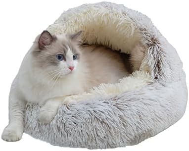 ZaneSun Calming Round Dog Beds &Cat Cave Bed with Hooded Cover,Plush Fluffy Dog Bed Anti-Anxiety Cat Cave Bed,Waterproof Bottom Washable (Coffee, 25.6X 25.6inch)