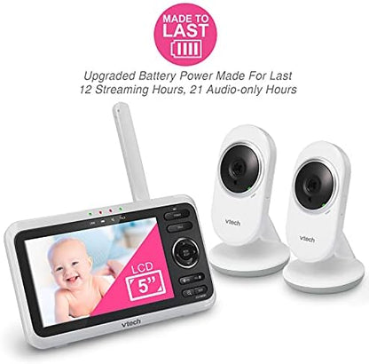 VTech Baby Monitor with 2 Cameras No WiFi & 5" Screen – Split-Screen, Patrol Mode, Night Vision, Two-Way Talk, Temperature Sensor, Lullabies, 1000ft Range | VM350-2