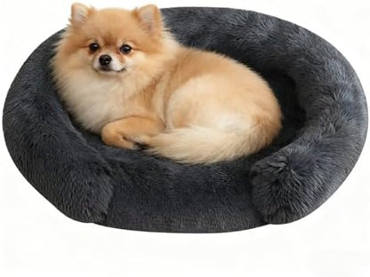 Calming Dog & Cat Beds with Orthopedic Egg-Crate Foam Raised Rim, Soft Fluffy Faux Fur Pet Bed for Small Medium Dogs, Anxiety Relief Spine Support, Machine Washable (Round, Dark Grey 23")