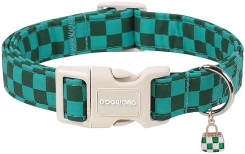 DOGWONG Green Checked Dog Collar, Green Plaid Pretty Cute Girl Dog Collar,Girl Boy Dogs Collars for Small Medium Dogs, Neck 11-16 inches