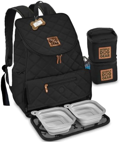 Mobile Dog Gear: Weekender Backpack - Black - Quilted Pet Travel Bag Holds Dog Accessories, Food Carriers, Silicone Bowls, Built-In Feeding Placemat