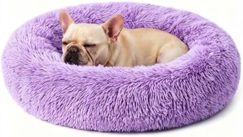 Calming Donut Dog Bed for Small Dogs, Anti-Anxiety Round Washable Plush Fluffy Faux Fur Large Cat Bed, 24 inches Fits up to 25 lbs Pets, Anti-Slip Waterproof Mute Base Purple