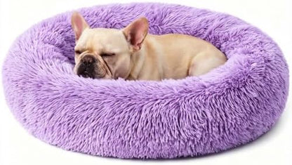 Calming Donut Dog Bed for Small Dogs, Anti-Anxiety Round Washable Plush Fluffy Faux Fur Large Cat Bed, 24 inches Fits up to 25 lbs Pets, Anti-Slip Waterproof Mute Base Purple