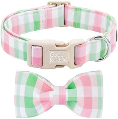 Pink Green Gingham Plaid Dog Collar with Bow for Large Dogs